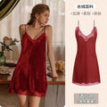2025 Women's Lace Chemise Nightdress with Chest Pads, Ice Silk Suspender Nightgown for Autumn Winter Burgundy 1
