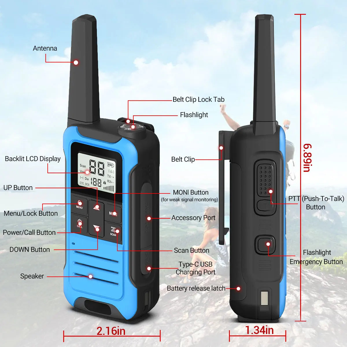 2pcs Baofeng F22 Mini Walkie Talkies - Long Range, Waterproof, Rechargeable, Kids Two-Way Radio with Type-C Charging for Camping & Outdoor Adventures - Dicrodelights