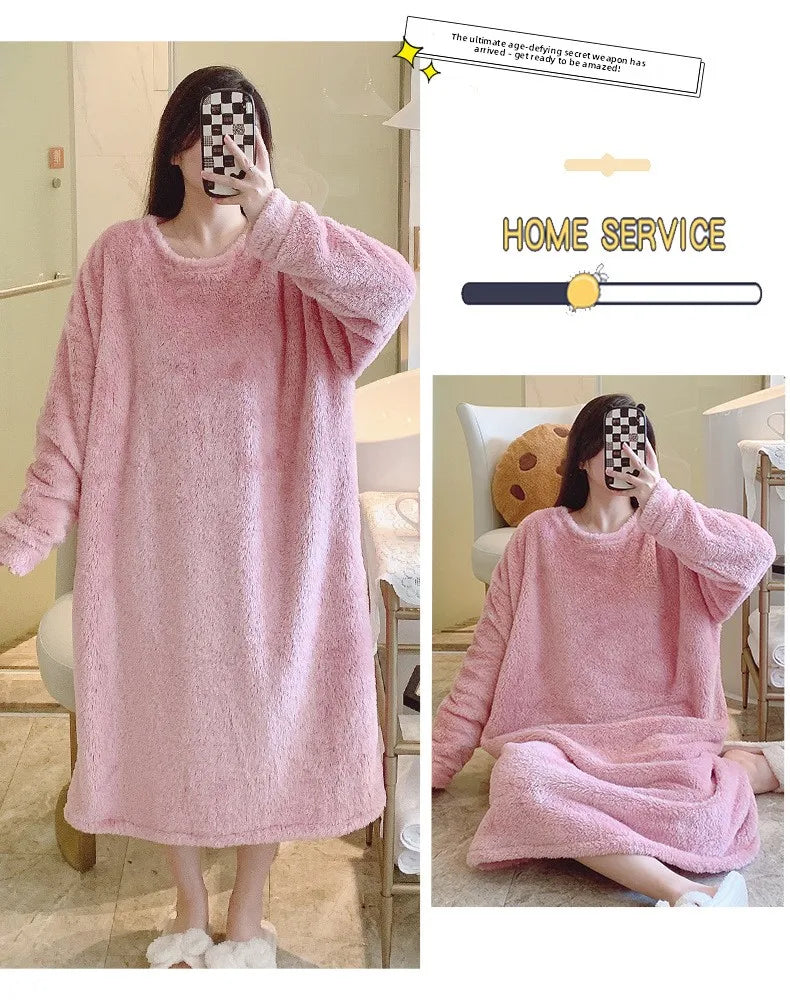Warm Fleece Nightgown Women's Loose Comfortable Home Clothes plus Size Solid Color Simple Design Sleepwear Casual Outerwear