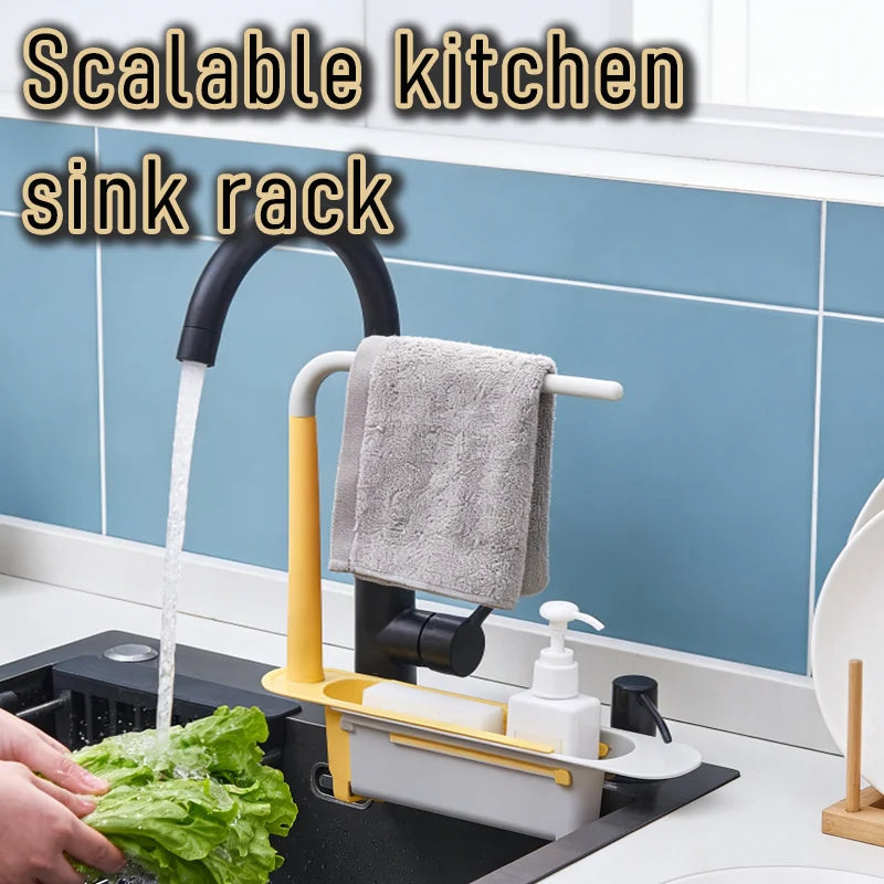 Telescopic Sink Organiser with Basket and Dishcloth Rail