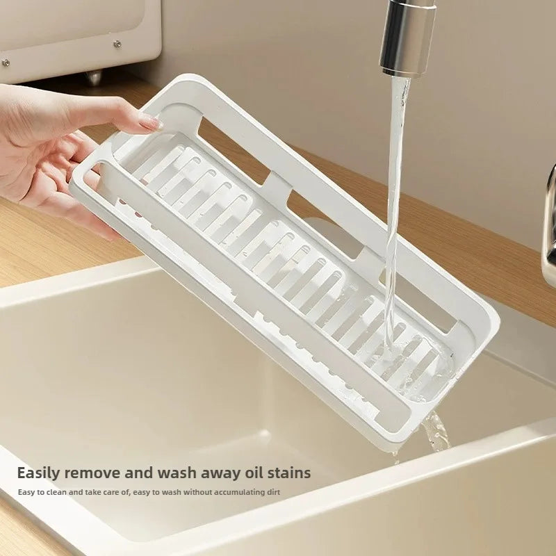 Sponge Holder for Kitchen Sink Wall Mount Sink Caddy with Drainage and Drip Tray Plastic Organizer for Countertop White