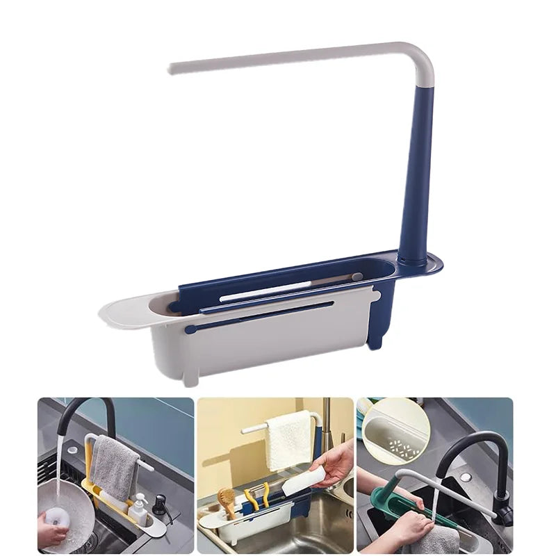 Telescopic Sink Organiser with Basket and Dishcloth Rail Blue