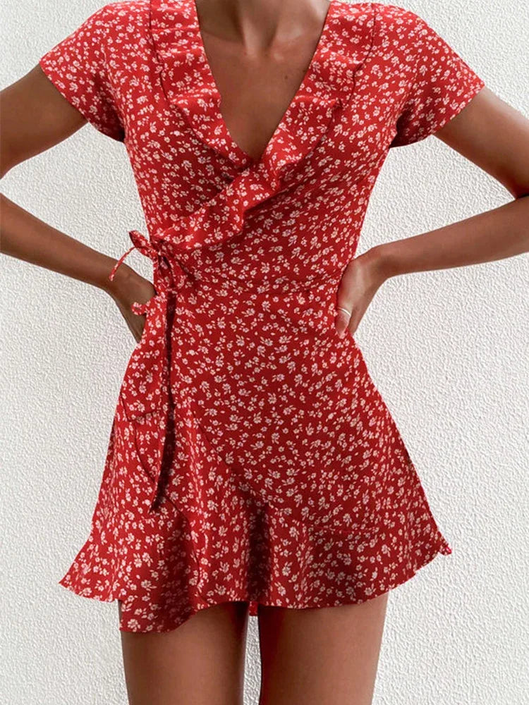 Floral Mini Dress Women – Sweet V-Neck A-Line Summer Dress
