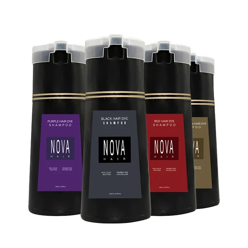 Nova 3-in-1 Black Hair Dye Shampoo for Men & Women – Instant Gray Coverage, Long-Lasting Natural Black Color