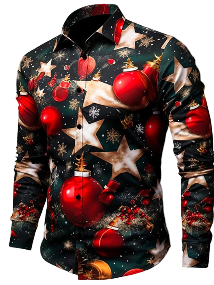 Men’s 3D Christmas printed long sleeve shirt in festive colors featuring Harajuku streetwear design, casual winter fashion for men