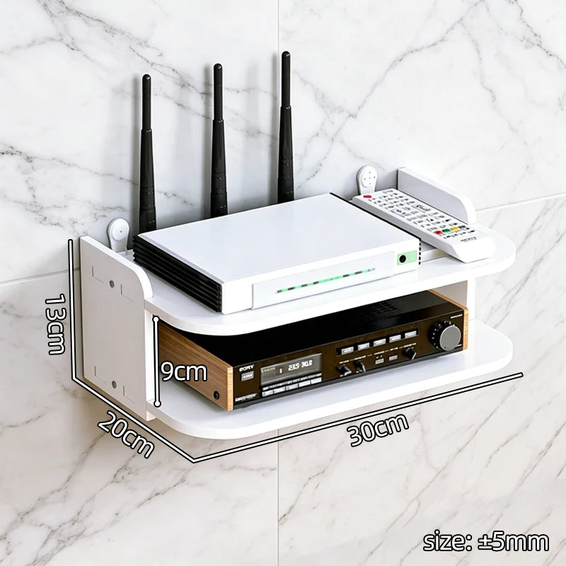 2 Tier Wall Mounted Router Shelf with Hooks for Cables and TV Box