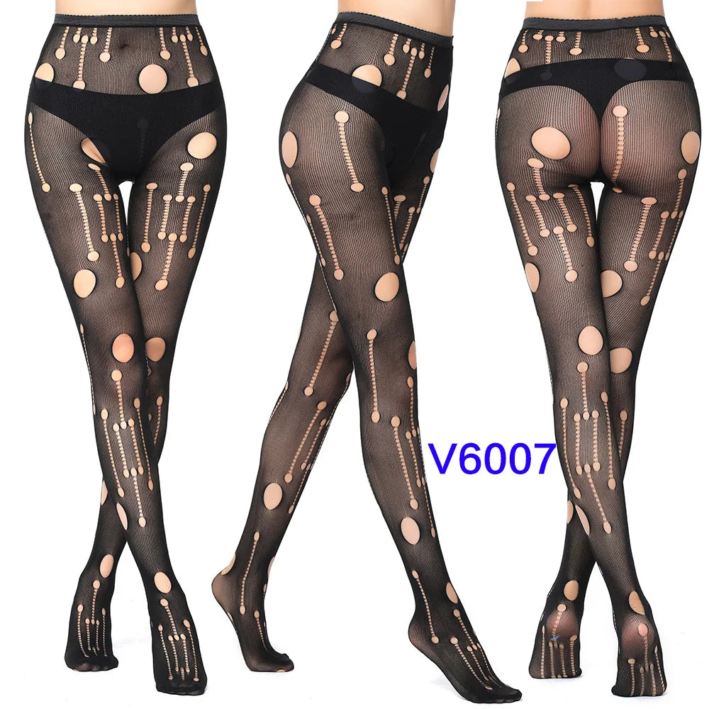 Women Sexy Fishnet Tights Jacquard Weave Seamless Pantyhose Yarns Garter Grid Fish Net Stockings Black Spider Gothic Lace Tights V6007 One Size