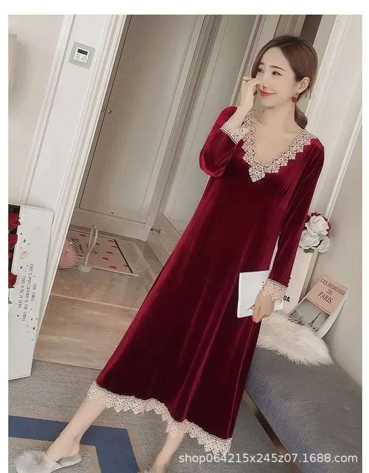 Plus Size 5XL Sleep Dress Women Winter Long Sleeve Sexy Luxury Velvet Spring Autumn Winter Style Korean Version Velvet Nightgown