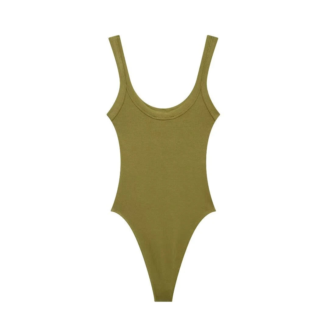 Women's Skinny Ribbed O-Neck Bodysuits with Straps Snap-Button Sexy Fashion Playsuits Comfortable Stretchy Female Clothing