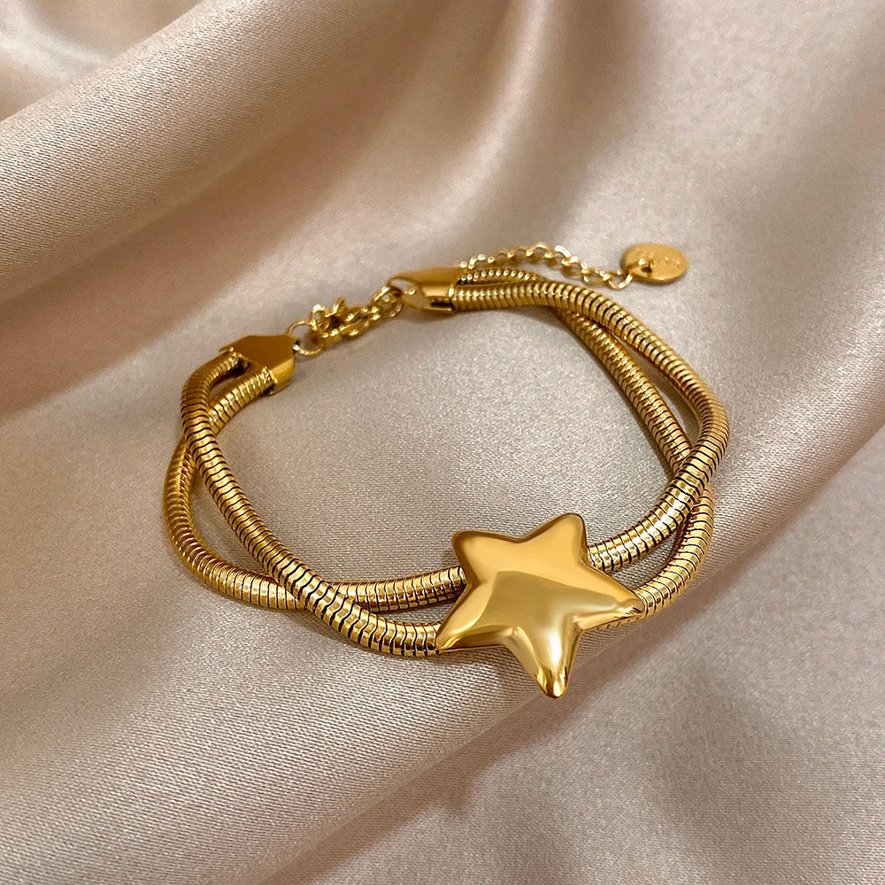 Vintage Doubelayer Stainless Steel Elastic Bracelet Glossy Star Gold Silver Color Chunky Chain Bracelets Waterproof Jewelry gold