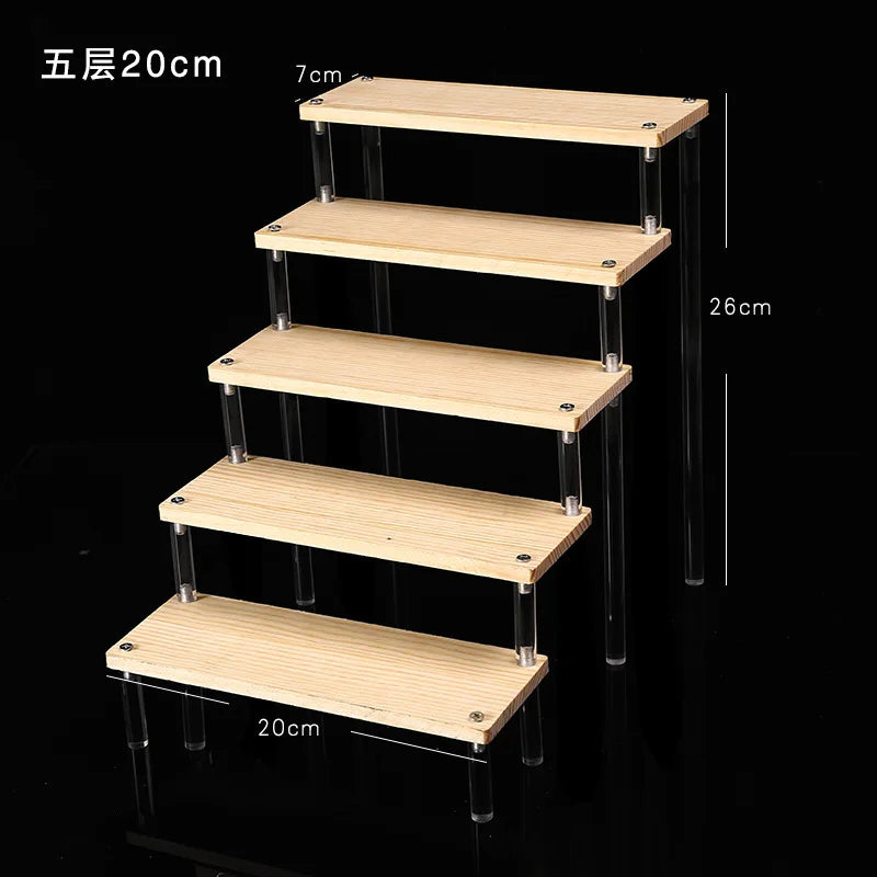 Tiered Display Stand for Figures with Clear or Wood Effect Shelves 5 tier 20x7cm