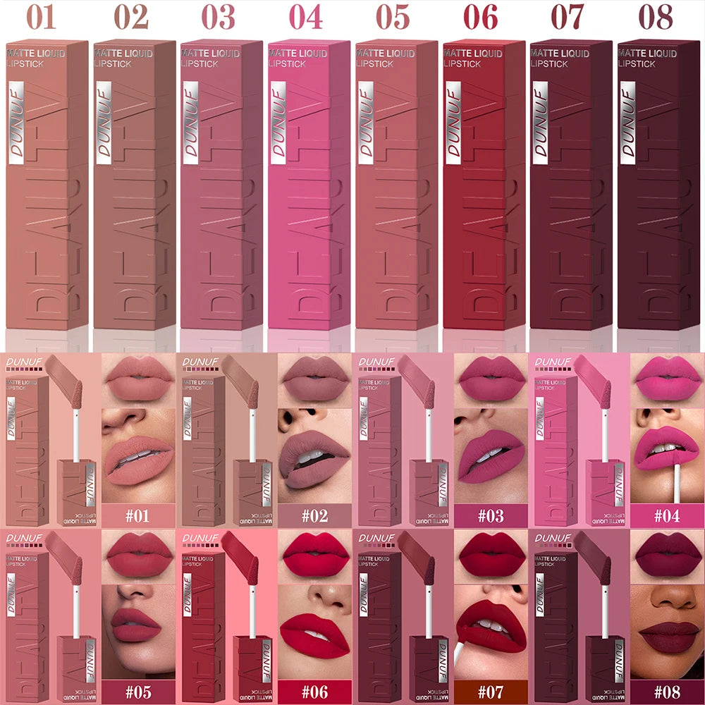 8-Color Matte Velvet Lip Gloss – Waterproof Plumping Lipstick, Smooth Easy-Apply Square Tube
