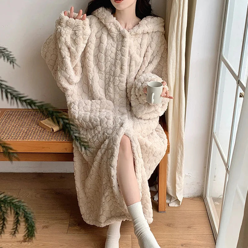 Women's Plush Hooded Pajama Dress Thickened Fleece Long Sleeve Nightgown Robe Winter Loungewear Home Bathroom Robe No Pants