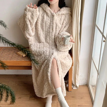 Women's Plush Hooded Pajama Dress Thickened Fleece Long Sleeve Nightgown Robe Winter Loungewear Home Bathroom Robe No Pants