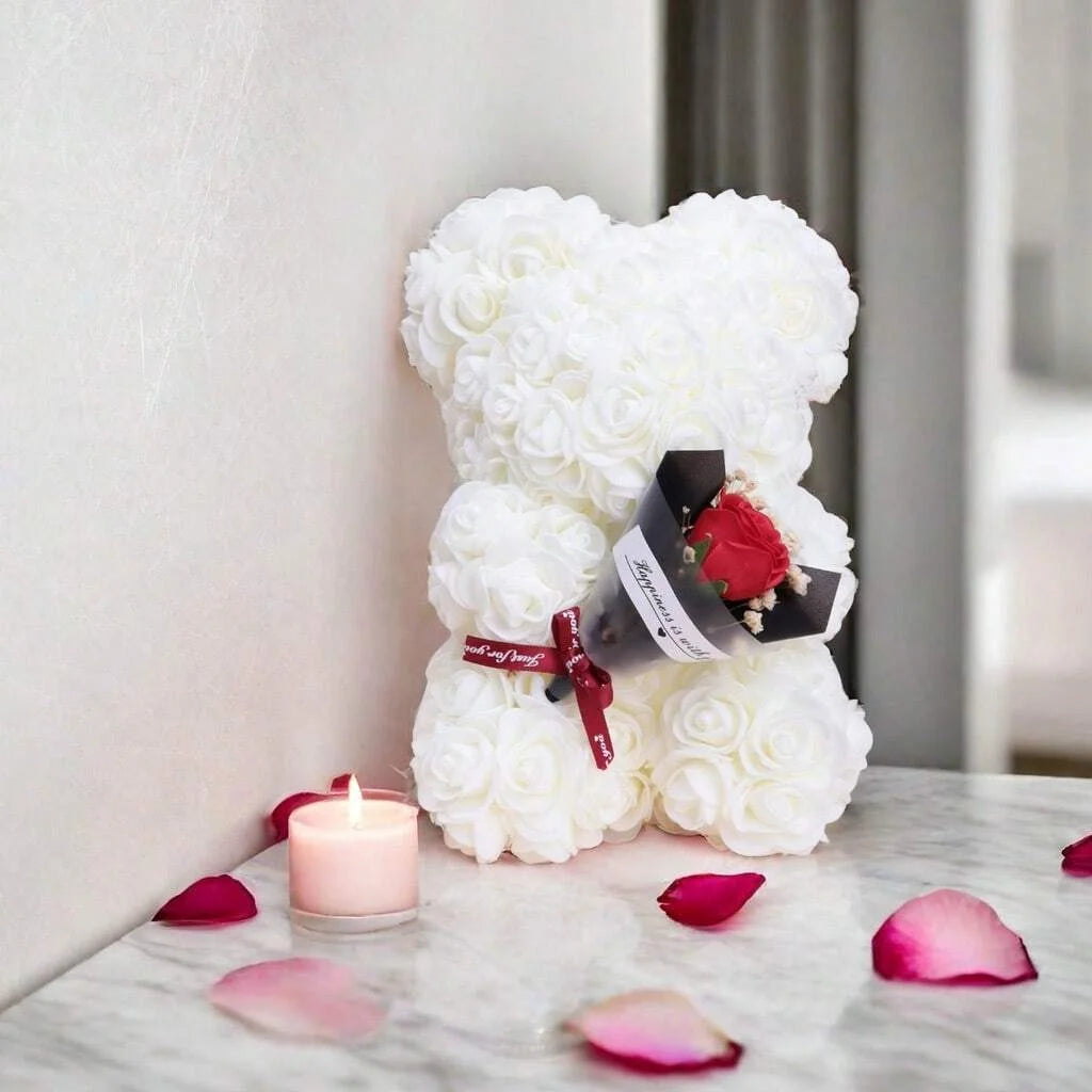 Foam rose teddy bear carry bouquet. Ideal for weddings, Mother's Day, thank you to nurses/teachers or other celebrations! WHITE