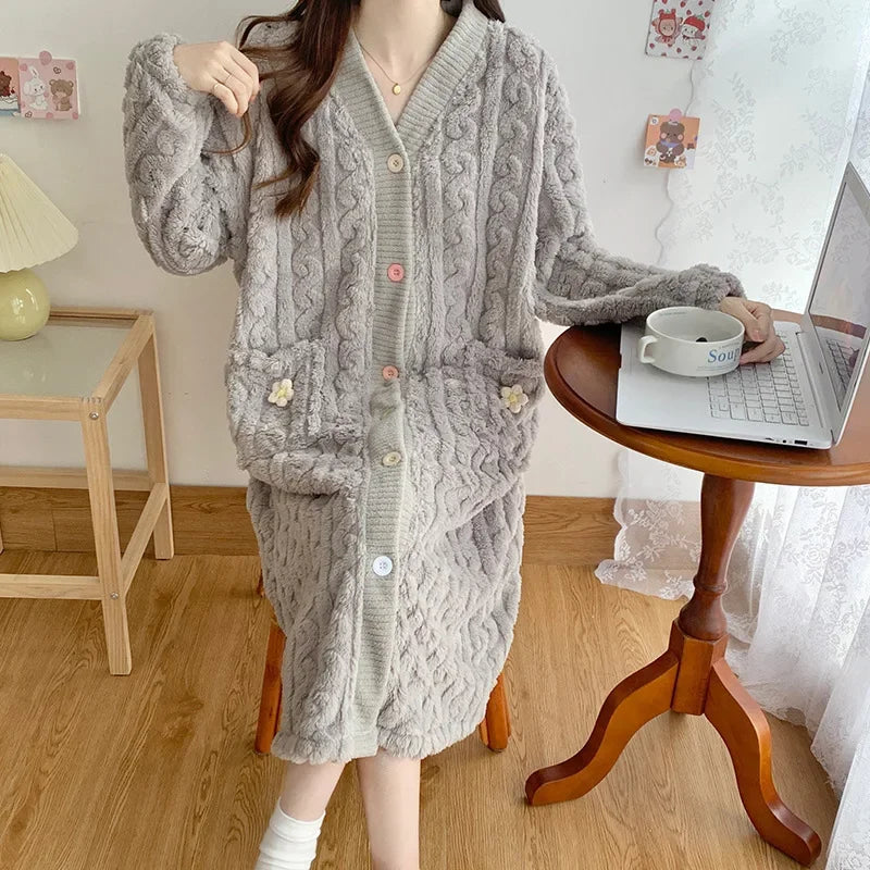 Thickened Flannel Sleepwear V-neck Home Clothes Women's Coral Fleece Robe Autumn Winter Patterned Fresh Flower Nightgown