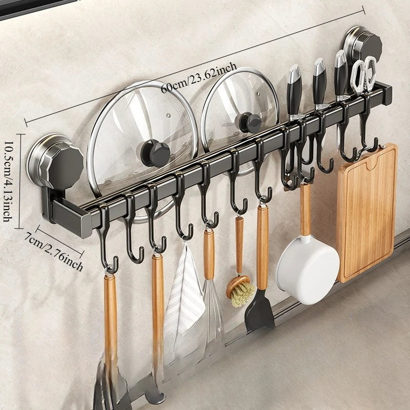 Aluminum Kitchen Organizer Hook Wall Mounted Double Pole Spatula Storage Rack 50/60/40/30cm Non Punching Pot Lid Rack Grey 60cm 12 hooks