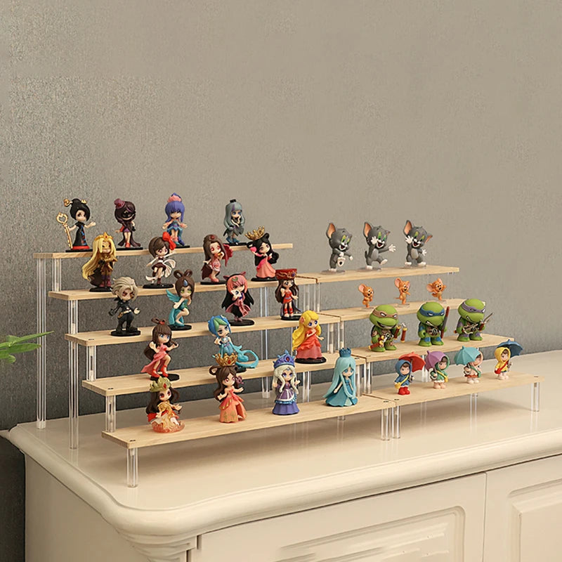 Tiered Display Stand for Figures with Clear or Wood Effect Shelves