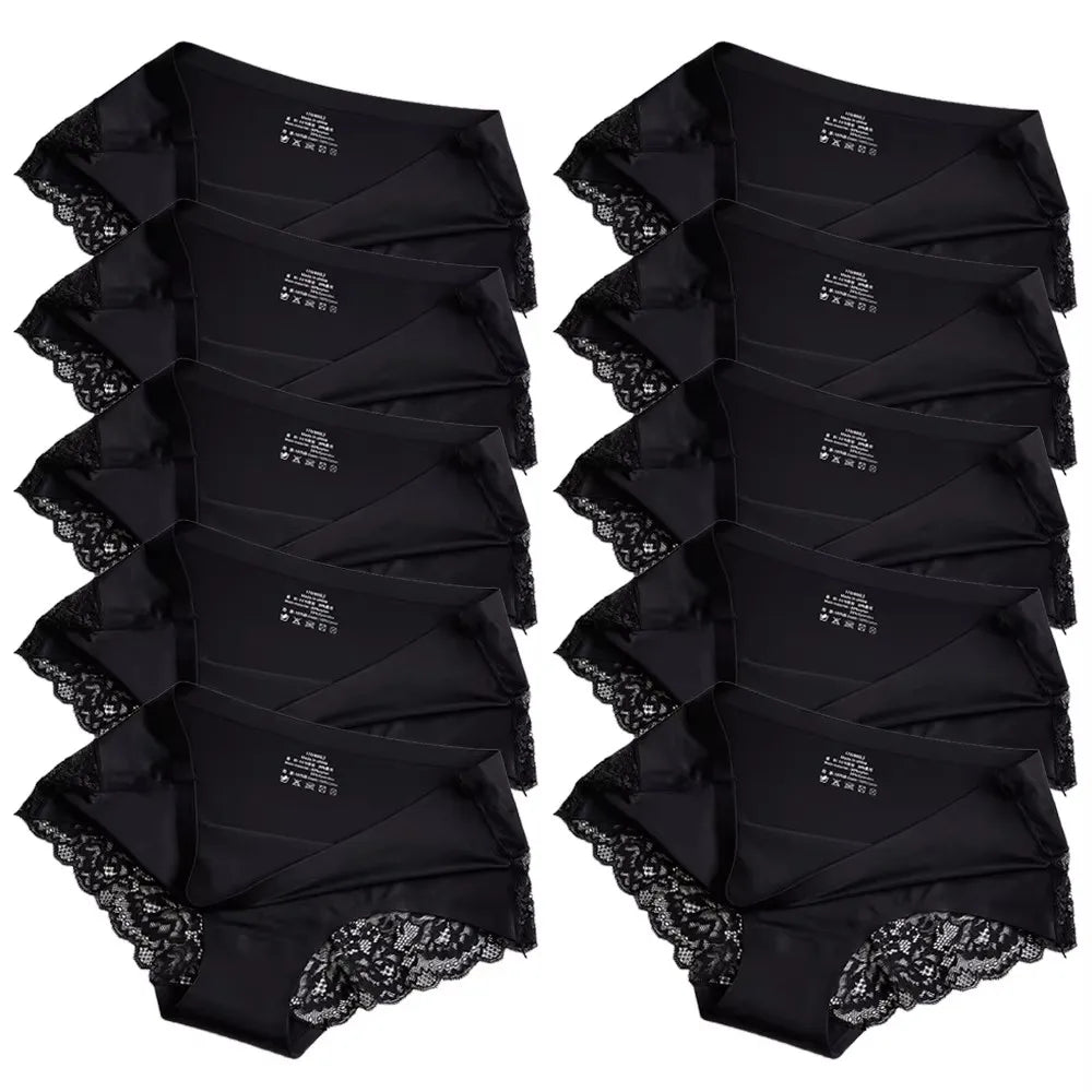 1/5/10Pcs Seamless Women Hollow Out Panties Set Underwear Comfort Lace Briefs Low Rise Female Sport Panty Soft Lady Lingerie black-10pcs As shown