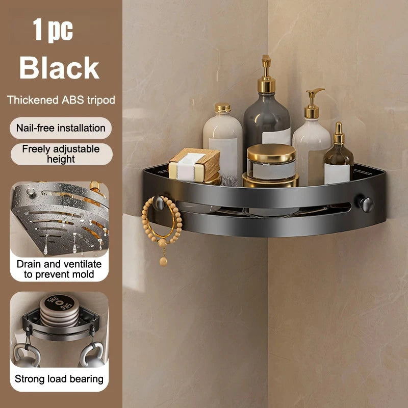 No Drill Corner Shower Shelf with Drainage and Hanging Storage 1 pc black