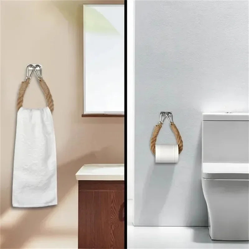 1Pc Retro Hemp Rope Toilet Paper Holder, Rust Proof Portable Assembly Towel Holder for Bathroom Kitchen Use