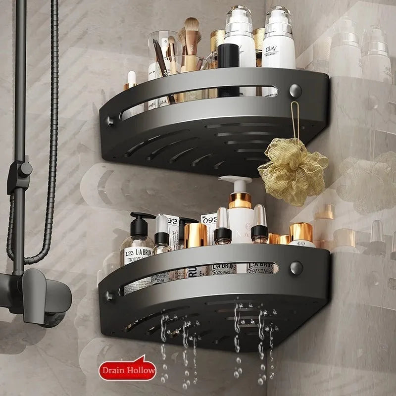 Black No Drill Corner Shower Shelves with Drainage and Hooks 2pcs