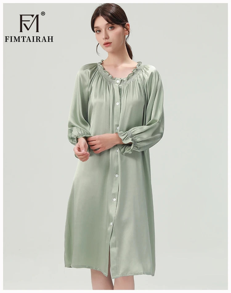 FIMTAIRAH 6A 22MM 100% Silk Nightdress Real Silk Nightgown Women long plus large size Sleepwear Pajamas robe