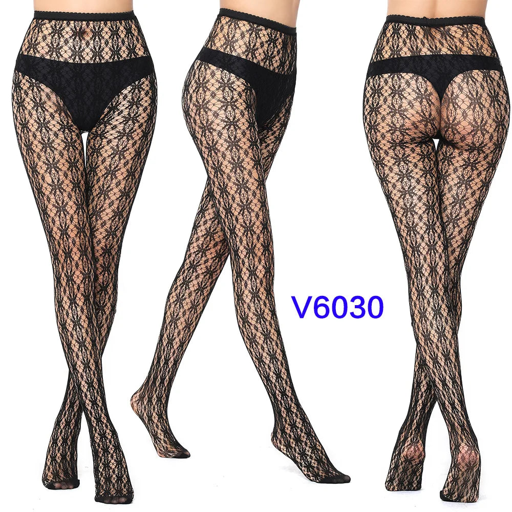 Women Sexy Fishnet Tights Jacquard Weave Seamless Pantyhose Yarns Garter Grid Fish Net Stockings Black Spider Gothic Lace Tights V6030 One Size