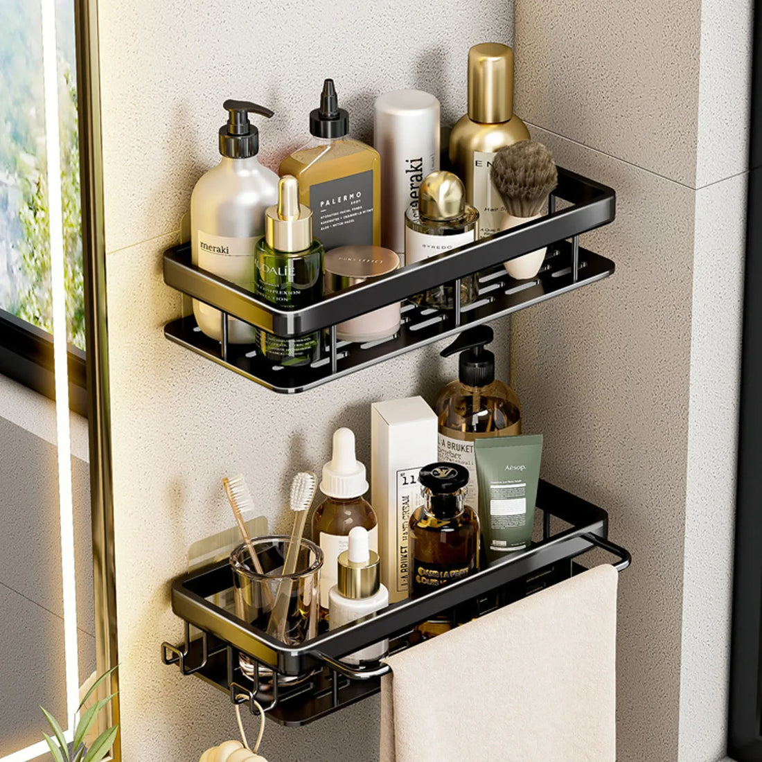 No Drill Aluminium Shower Shelf for Bathroom Bottles golden