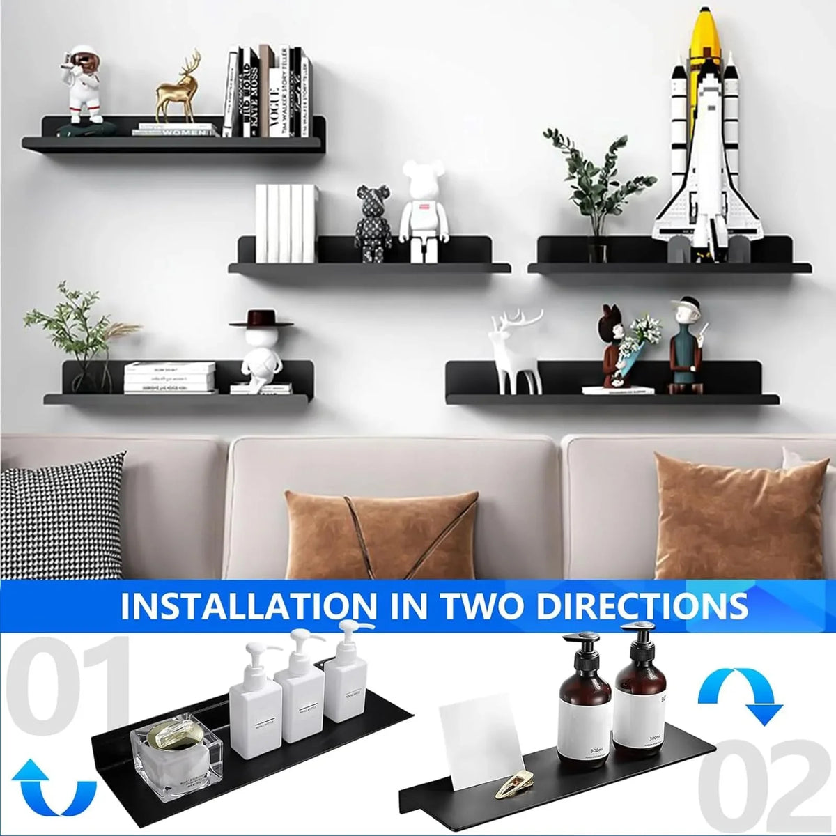 Aluminium Floating Wall Shelf No Drill for Books, Plants and Decor
