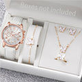 5/6PCS Fashion Women's Quartz Watch Leather Band Analog Wrist Watches Heart Rhinestone Jewelry Set(Without Box) A Without Box
