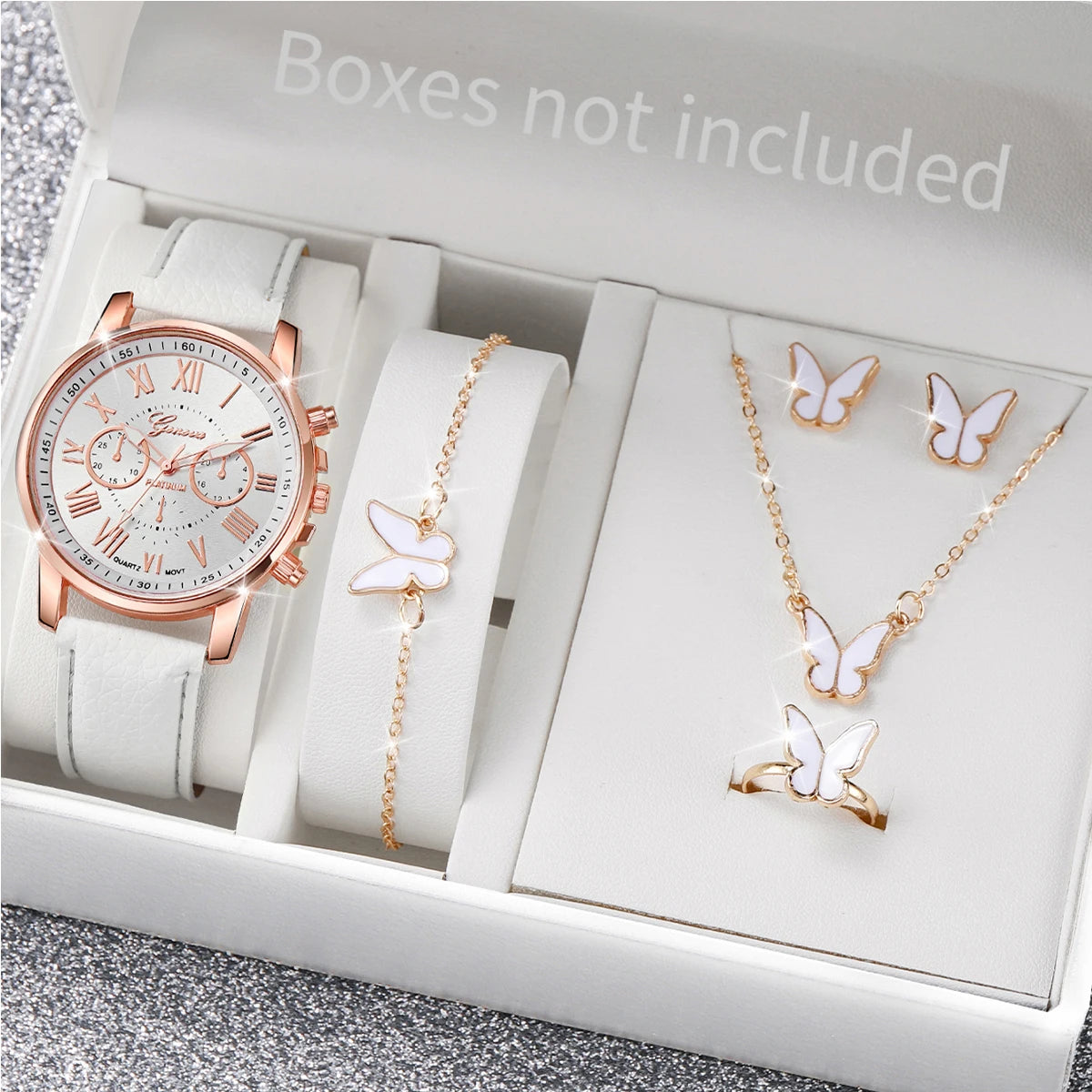 5/6PCS Fashion Women's Quartz Watch Leather Band Analog Wrist Watches Heart Rhinestone Jewelry Set(Without Box) A Without Box