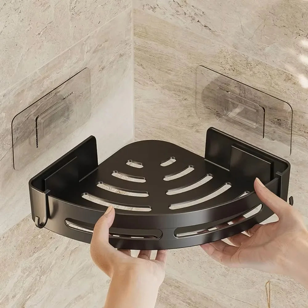 Black Adhesive Corner Shower Caddy with Drainage and Hooks