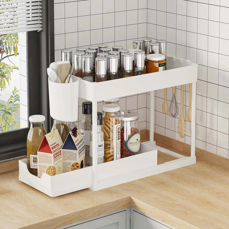 2-Tier Sliding Under Sink Organizer Pull Out Cabinet Storage Basket with Hooks Hanging Cup Kitchen Bathroom Space Saving Rack White-2-Tier-H-A