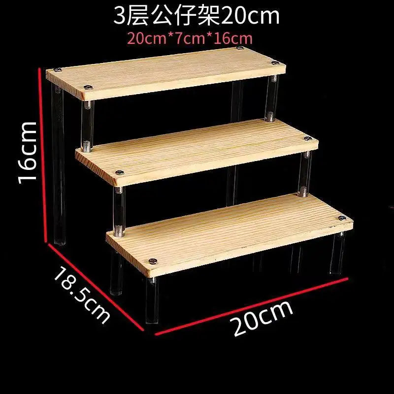 Tiered Display Stand with Clear or Wood Effect Shelves 3-20x7cm