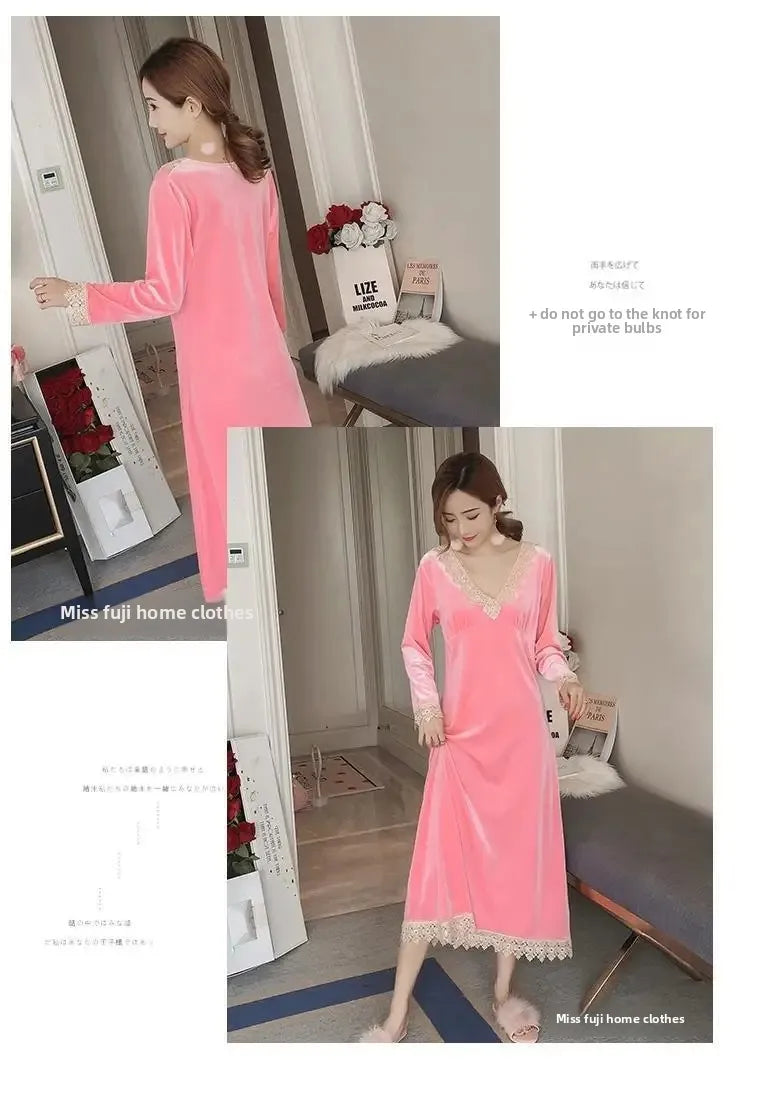 Plus Size 5XL Sleep Dress Women Winter Long Sleeve Sexy Luxury Velvet Spring Autumn Winter Style Korean Version Velvet Nightgown