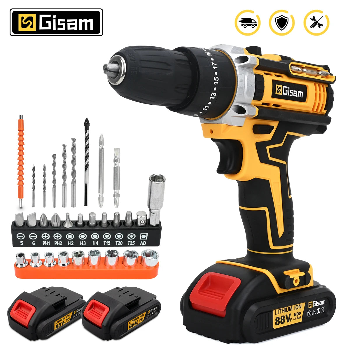 Gisam 25+3 Torque Electric Impact Screwdriver Multifunctional Cordless Drill Power Tool Setting 2 Gear Speed with 2 Batteries