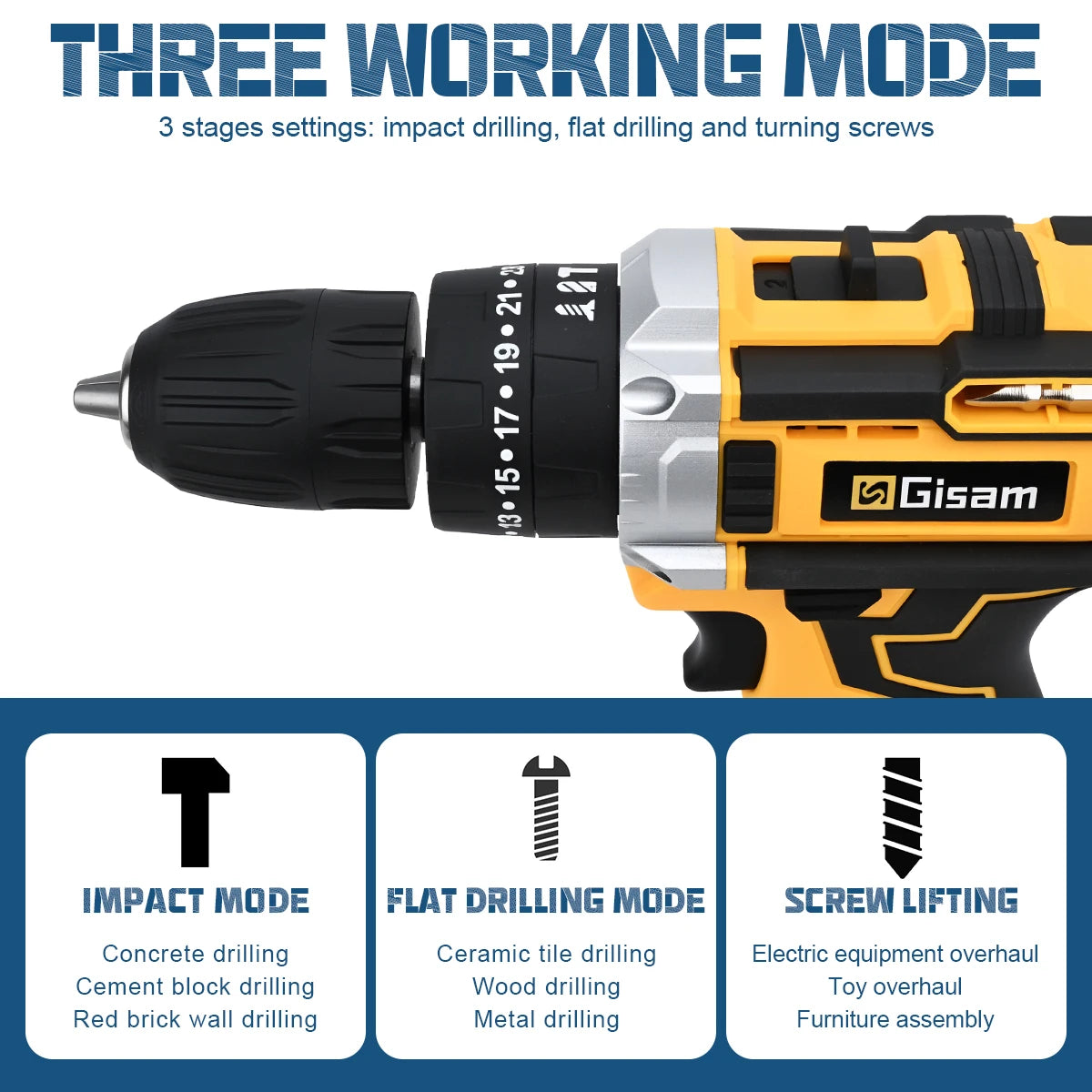 Gisam 25+3 Torque Electric Impact Screwdriver Multifunctional Cordless Drill Power Tool Setting 2 Gear Speed with 2 Batteries