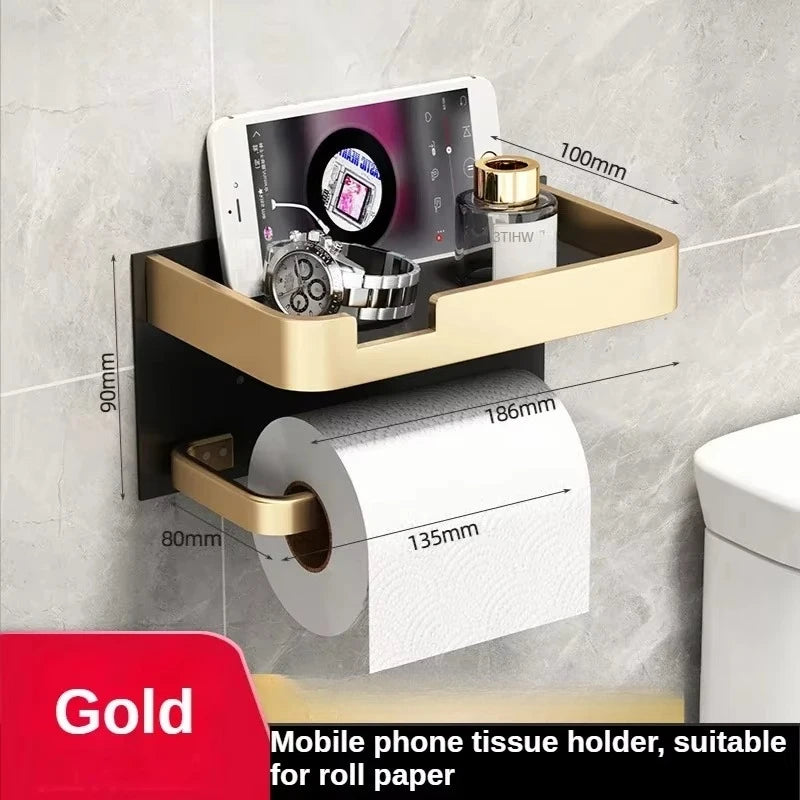 Aluminium Wall Mounted Toilet Roll Holder and Shelf Options Gold