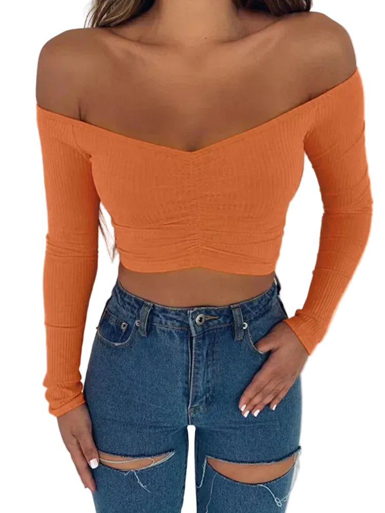 Off Shoulder Long Sleeve Top Women – Sexy Club Tee Orange