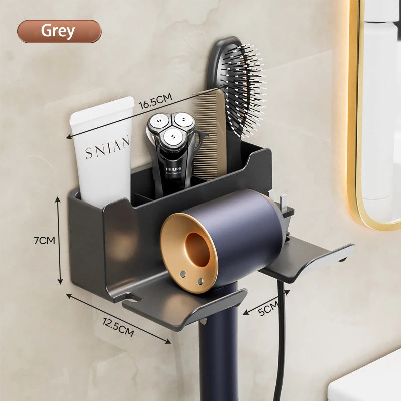 Wall Mounted Non Perforated Hair Dryer Storage Rack Bathroom Hair Dryer Storage and Placement Rack Multi Functional Storage Rack B-Gray-1pcs
