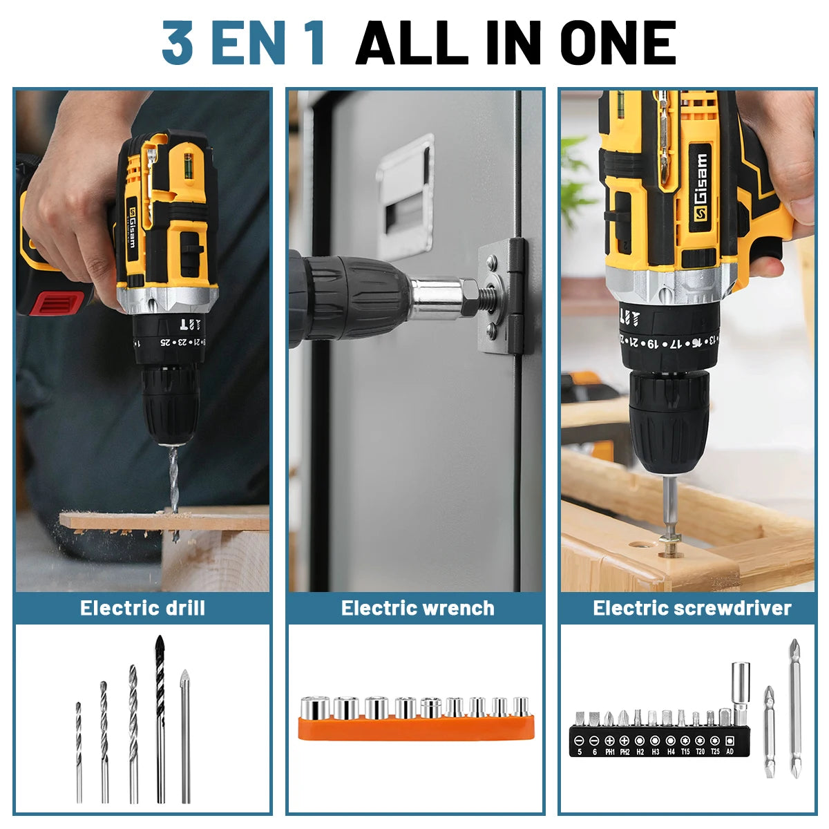Gisam 25+3 Torque Electric Impact Screwdriver Multifunctional Cordless Drill Power Tool Setting 2 Gear Speed with 2 Batteries