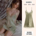 2025 Women's Lace Chemise Nightdress with Chest Pads, Ice Silk Suspender Nightgown for Autumn Winter Matcha Green 1