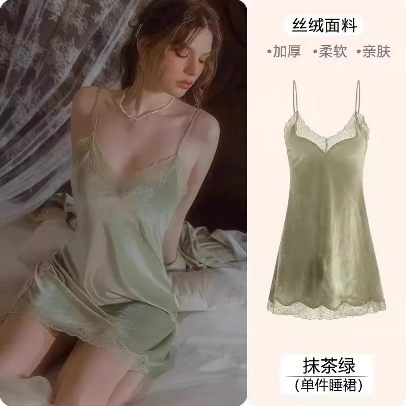 2025 Women's Lace Chemise Nightdress with Chest Pads, Ice Silk Suspender Nightgown for Autumn Winter Matcha Green 1
