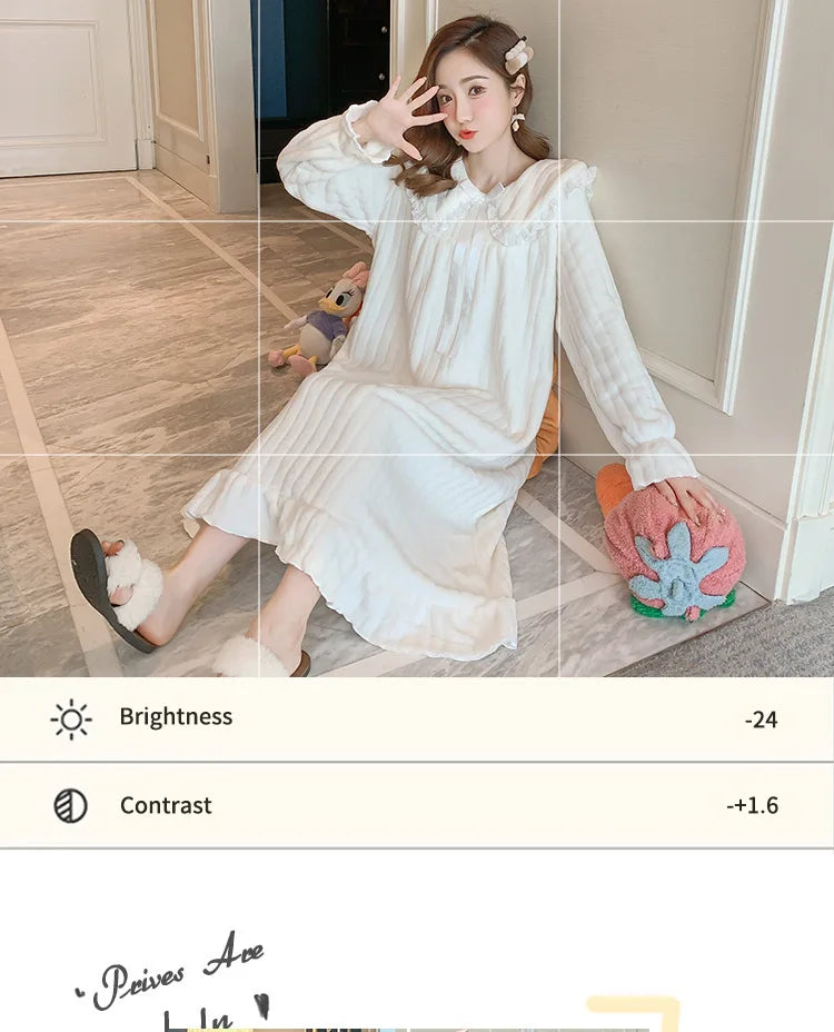 Womens Nightwear Nightdress Flannel Thickened Solid Colour Nightgown Doll Collar Student Warm Coral Velvet Ruffle Dress Robes Se