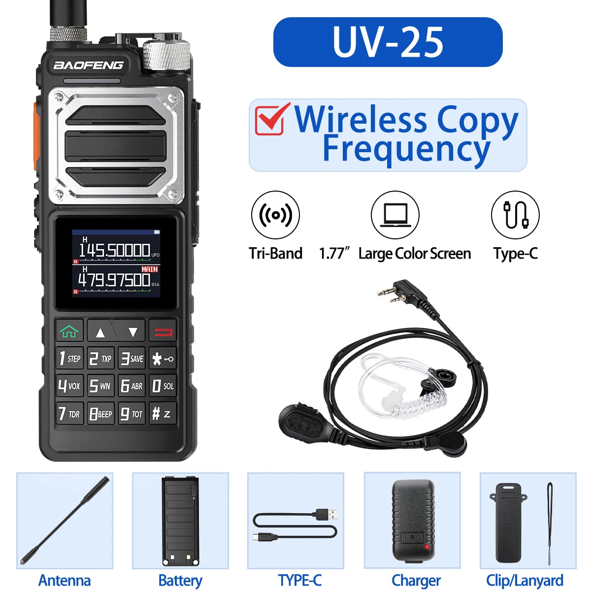 Baofeng UV-25 Air Band Walkie Talkie – Long Range UHF/VHF, Type-C Charging, 999CH, Wireless Frequency Copy, NOAA, Ham Radio - Dicrodelights