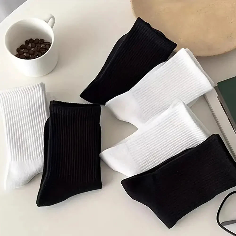 1/7/10/20 Pairs Mid Length Socks Women Classic Black White Solid Color Fashionable Casual Sports Absorbing Breathable Men Socks