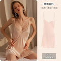 2025 Women's Lace Chemise Nightdress with Chest Pads, Ice Silk Suspender Nightgown for Autumn Winter Rice apricot 1