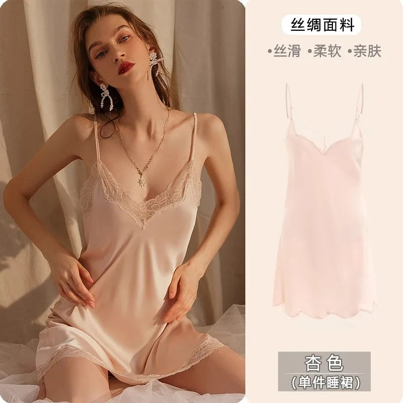 2025 Women's Lace Chemise Nightdress with Chest Pads, Ice Silk Suspender Nightgown for Autumn Winter Rice apricot 1