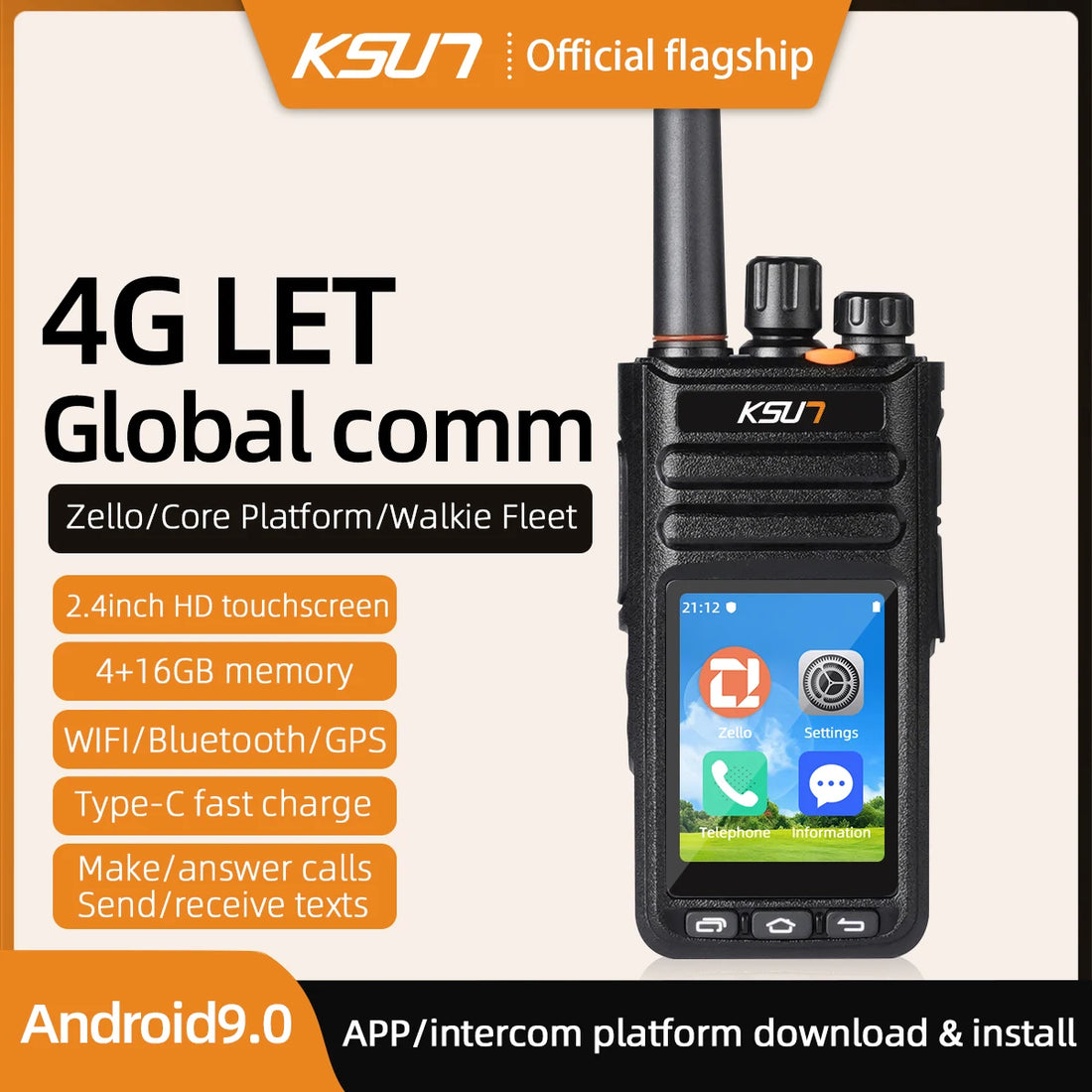 Long Range Walkie Talkie POC Network 4G LTE Wifi Radio ZELLO KSUN ZL65 Android 9.0 Two Way Radio Unlimited Distance Global
